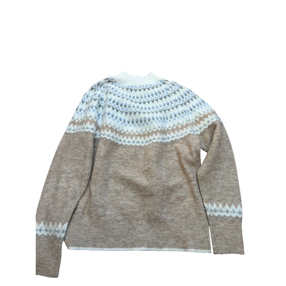 Fat Face Fair Isle Mock Neck Sweater Tan Brown Blue Wool Blend Womens USA 12